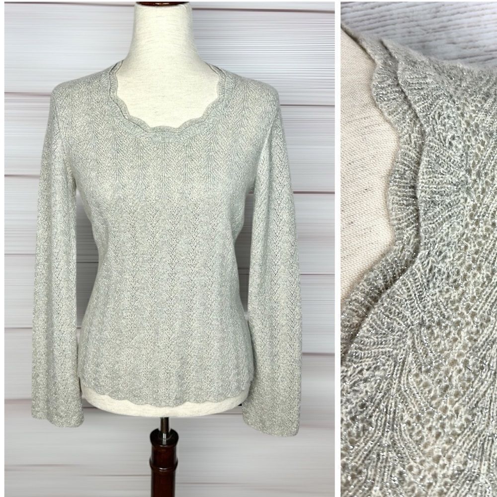Ann Taylor Cashmere Lace Sweater Gray Silver Sparkly Scalloped Scoop Neck sz Mp